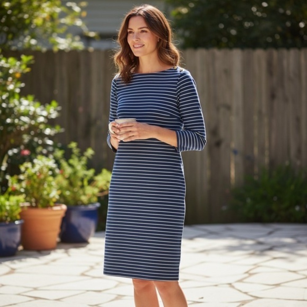 Talbots Navy White Striped Button Shoulder Midi Dress Timeless‎ Preppy M